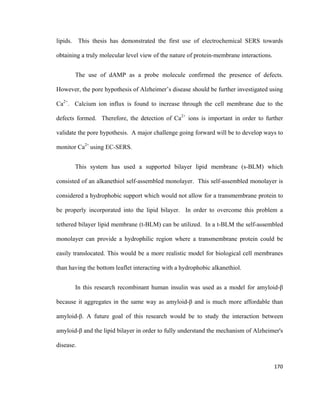 lipids. This thesis has demonstrated the first use of electrochemical SERS towards
obtaining a truly molecular level view of the nature of protein-membrane interactions.
The use of dAMP as a probe molecule confirmed the presence of defects.
However, the pore hypothesis of Alzheimer’s disease should be further investigated using
Ca2+
. Calcium ion influx is found to increase through the cell membrane due to the
defects formed. Therefore, the detection of Ca2+
ions is important in order to further
validate the pore hypothesis. A major challenge going forward will be to develop ways to
monitor Ca2+
using EC-SERS.
This system has used a supported bilayer lipid membrane (s-BLM) which
consisted of an alkanethiol self-assembled monolayer. This self-assembled monolayer is
considered a hydrophobic support which would not allow for a transmembrane protein to
be properly incorporated into the lipid bilayer. In order to overcome this problem a
tethered bilayer lipid membrane (t-BLM) can be utilized. In a t-BLM the self-assembled
monolayer can provide a hydrophilic region where a transmembrane protein could be
easily translocated. This would be a more realistic model for biological cell membranes
than having the bottom leaflet interacting with a hydrophobic alkanethiol.
In this research recombinant human insulin was used as a model for amyloid-β
because it aggregates in the same way as amyloid-β and is much more affordable than
amyloid-β. A future goal of this research would be to study the interaction between
amyloid-β and the lipid bilayer in order to fully understand the mechanism of Alzheimer's
disease.
170
 