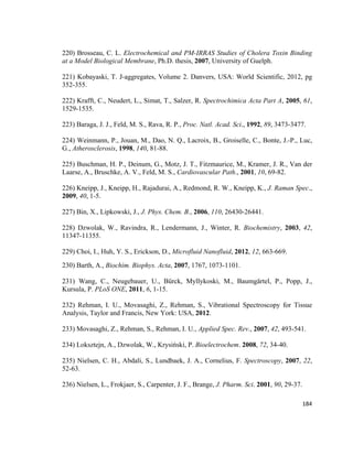 220) Brosseau, C. L. Electrochemical and PM-IRRAS Studies of Cholera Toxin Binding
at a Model Biological Membrane, Ph.D. thesis, 2007, University of Guelph.
221) Kobayaski, T. J-aggregates, Volume 2. Danvers, USA: World Scientific, 2012, pg
352-355.
222) Krafft, C., Neudert, L., Simat, T., Salzer, R. Spectrochimica Acta Part A, 2005, 61,
1529-1535.
223) Baraga, J. J., Feld, M. S., Rava, R. P., Proc. Natl. Acad. Sci., 1992, 89, 3473-3477.
224) Weinmann, P., Jouan, M., Dao, N. Q., Lacroix, B., Groiselle, C., Bonte, J.-P., Luc,
G., Atherosclerosis, 1998, 140, 81-88.
225) Buschman, H. P., Deinum, G., Motz, J. T., Fitzmaurice, M., Kramer, J. R., Van der
Laarse, A., Bruschke, A. V., Feld, M. S., Cardiovascular Path., 2001, 10, 69-82.
226) Kneipp, J., Kneipp, H., Rajadurai, A., Redmond, R. W., Kneipp, K., J. Raman Spec.,
2009, 40, 1-5.
227) Bin, X., Lipkowski, J., J. Phys. Chem. B., 2006, 110, 26430-26441.
228) Dzwolak, W., Ravindra, R., Lendermann, J., Winter, R. Biochemistry, 2003, 42,
11347-11355.
229) Choi, I., Huh, Y. S., Erickson, D., Microfluid Nanofluid, 2012, 12, 663-669.
230) Barth, A., Biochim. Biophys. Acta, 2007, 1767, 1073-1101.
231) Wang, C., Neugebauer, U., Bürck, Myllykoski, M., Baumgärtel, P., Popp, J.,
Kursula, P. PLoS ONE, 2011, 6, 1-15.
232) Rehman, I. U., Movasaghi, Z., Rehman, S., Vibrational Spectroscopy for Tissue
Analysis, Taylor and Francis, New York: USA, 2012.
233) Movasaghi, Z., Rehman, S., Rehman, I. U., Applied Spec. Rev., 2007, 42, 493-541.
234) Loksztejn, A., Dzwolak, W., Krysiński, P. Bioelectrochem. 2008, 72, 34-40.
235) Nielsen, C. H., Abdali, S., Lundbaek, J. A., Cornelius, F. Spectroscopy, 2007, 22,
52-63.
236) Nielsen, L., Frokjaer, S., Carpenter, J. F., Brange, J. Pharm. Sci. 2001, 90, 29-37.
184
 