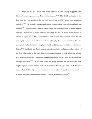 Based on all the results that were obtained it was finally suggested that
biomembranes are present as a fluid-mosaic structure.63,64
The "fluid" part refers to the
fact that the phospholipids in the cell membrane exhibit lateral and rotational
mobility.63,64
The "mosaic" part comes from the heterogeneous composition of lipids and
proteins.63,64
Biomembranes have an asymmetrical and inhomogeneous structure because
different compositions of lipids, proteins, and hydrocarbons exist across the membrane, as
shown in Figure 7.63-66
Also, biomembranes contain lipid rafts which are small (10-200
nm) highly dynamic assemblies of proteins, sphingolipids, and cholesterol in the outer
exoplasmic leaflet that connect to phospholipids and cholesterol in the inner cytoplasmic
leaflet.66-69
Lipid rafts are fluid but more ordered and tightly packed than other regions of
the lipid bilayer due to the high cholesterol content. Interest in lipid rafts arose when it
was recognized that many membrane-associated proteins interact with the biomembrane
through lipid rafts.67-69
It has been found that many proteins that are associated with
amyloidogenic diseases interact with cell membranes through lipid rafts. In Alzheimer's
disease, both APP and β-secretase partition into lipid rafts in the cellular membrane.69
In
addition, amyloid-β was found to contain a cholesterol binding domain.70
23
 