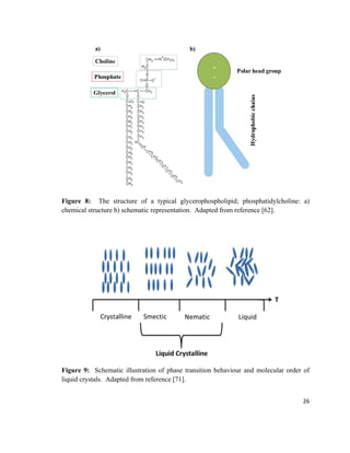 Figure 8: The structure of a typical glycerophospholipid; phosphatidylcholine: a)
chemical structure b) schematic representation. Adapted from reference [62].
Figure 9: Schematic illustration of phase transition behaviour and molecular order of
liquid crystals. Adapted from reference [71].
26
 