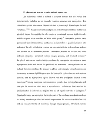 2.2.3 Interaction between proteins and cell membranes
Cell membranes contain a number of different proteins that have varied and
important roles including as ion channels, receptors, enzymes, and transporters. Ion
channels are porous proteins that allow certain ions to pass through depending on size and
/ or charge.71,72,80
Receptors are embedded proteins within the cell membrane that receive
chemical signals from outside the cell, causing a coordinated response inside the cell.
Protein enzymes allow reactions to occur more quickly.80
Transporter proteins exist
permanently across the membrane and function as transporters of specific substances into
and out of the cell. All of these proteins are associated with the cell membrane and are
thus referred to as membrane proteins. Membrane proteins are divided into three
different categories: peripheral proteins, integral proteins, and structural proteins.80
Peripheral proteins are localized at the membrane by electrostatic interactions or short
hydrophobic chains that anchor the protein to the membrane. These proteins can be
isolated from the membrane by changes in pH or ionic strength. Integral proteins are
translocated across the lipid bilayer where the hydrophilic regions interact with aqueous
domains, and the hydrophobic regions interact with the hydrophobic interior of the
membrane.80
Integral membrane proteins are more complex than peripheral proteins and
can span the membrane either once or several times. Isolation of these proteins for
characterization is difficult and requires the use of organic solvents or detergents.62
Structural proteins are responsible for forming part of the membrane cytoskeleton and are
not strictly membrane proteins, but instead are present on the intracellular side of the cell
and are connected to the cell membrane through integral proteins. Structural proteins
29
 