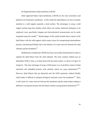 (b) Supported bilayer lipid membrane (s-BLM)
Solid supported bilayer lipid membranes (s-BLM) are the most commonly used
platforms for biomimetic membranes. In this model the lipid bilayers are non-covalently
attached to a solid support, typically a metal surface. The advantages in using a solid
support include long term stability which allows for surface analytical techniques to be
employed; more specifically imaging and electrochemical measurements can be easily
integrated using this model.86
Disadvantages of this model include direct contact of the
lipid bilayer with the solid support which creates issues for incorporating transmembrane
proteins, and decreased fluidity due to the absence of a water reservoir between the solid
substrate and the membrane.86
Modification of traditional s-BLMs has been successfully demonstrated in order to
separate the lipid bilayer from the solid substrate. The most common method uses an
alkanethiol SAM to form a covalent bond with the metal surface, as shown in Figure 10
(image b). The main advantage of using a SAM spacer is to avoid direct contact of lipid
molecules and embedded proteins with substrate which can cause denaturation.88-89
However, lipid bilayers that are deposited onto the SAM experience reduced fluidity
which makes it difficult to transport biological molecules across the membrane.68
There
is still a lack of a water reservoir between the membrane and the metal surface making it
difficult to incorporate proteins into the bilayer without causing protein denaturation.80,90
34
 