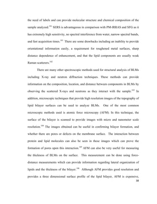 the need of labels and can provide molecular structure and chemical composition of the
sample analyzed.101
SERS is advantageous in comparison with PM-IRRAS and SFG as it
has extremely high sensitivity, no spectral interference from water, narrow spectral bands,
and fast acquisition times.101
There are some drawbacks including an inability to provide
orientational information easily, a requirement for roughened metal surfaces, sharp
distance dependence of enhancement, and that the lipid components are usually weak
Raman scatterers.102
There are many other spectroscopic methods used for structural analysis of BLMs
including X-ray and neutron diffraction techniques. These methods can provide
information on the composition, location, and distance between components in BLMs by
observing the scattered X-rays and neutrons as they interact with the sample.103
In
addition, microscopic techniques that provide high resolution images of the topography of
lipid bilayer surfaces can be used to analyze BLMs. One of the most common
microscopic methods used is atomic force microscopy (AFM). In this technique, the
surface of the bilayer is scanned to provide images with micro and nanometer scale
resolution.104
The images obtained can be useful in confirming bilayer formation, and
whether there are pores or defects on the membrane surface. The interaction between
protein and lipid molecules can also be seen in these images which can prove the
formation of pores upon this interaction.105
AFM can also be very useful for measuring
the thickness of BLMs on the surface. This measurement can be done using force-
distance measurements which can provide information regarding lateral organization of
lipids and the thickness of the bilayer.106
Although AFM provides good resolution and
provides a three dimensional surface profile of the lipid bilayer, AFM is expensive,
38
 