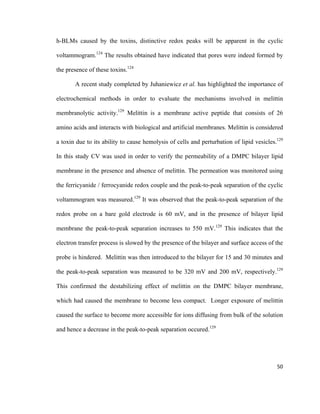 h-BLMs caused by the toxins, distinctive redox peaks will be apparent in the cyclic
voltammogram.124
The results obtained have indicated that pores were indeed formed by
the presence of these toxins.124
A recent study completed by Juhaniewicz et al. has highlighted the importance of
electrochemical methods in order to evaluate the mechanisms involved in melittin
membranolytic activity.129
Melittin is a membrane active peptide that consists of 26
amino acids and interacts with biological and artificial membranes. Melittin is considered
a toxin due to its ability to cause hemolysis of cells and perturbation of lipid vesicles.129
In this study CV was used in order to verify the permeability of a DMPC bilayer lipid
membrane in the presence and absence of melittin. The permeation was monitored using
the ferricyanide / ferrocyanide redox couple and the peak-to-peak separation of the cyclic
voltammogram was measured.129
It was observed that the peak-to-peak separation of the
redox probe on a bare gold electrode is 60 mV, and in the presence of bilayer lipid
membrane the peak-to-peak separation increases to 550 mV.129
This indicates that the
electron transfer process is slowed by the presence of the bilayer and surface access of the
probe is hindered. Melittin was then introduced to the bilayer for 15 and 30 minutes and
the peak-to-peak separation was measured to be 320 mV and 200 mV, respectively.129
This confirmed the destabilizing effect of melittin on the DMPC bilayer membrane,
which had caused the membrane to become less compact. Longer exposure of melittin
caused the surface to become more accessible for ions diffusing from bulk of the solution
and hence a decrease in the peak-to-peak separation occured.129
50
 