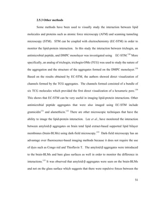 2.5.3 Other methods
Some methods have been used to visually study the interaction between lipid
molecules and proteins such as atomic force microscopy (AFM) and scanning tunneling
microscopy (STM). STM can be coupled with electrochemistry (EC-STM) in order to
monitor the lipid-protein interaction. In this study the interaction between trichogin, an
antimicrobial peptide, and DMPC monolayer was investigated using EC-STM.130
More
specifically, an analog of trichogin, trichogin-OMe (TCG) was used to study the nature of
the aggregation and the structure of the aggregates formed on the DMPC monolayer.130
Based on the results obtained by EC-STM, the authors showed direct visualization of
channels formed by the TCG aggregates. The channels formed consisted of a bundle of
six TCG molecules which provided the first direct visualization of a hexameric pore.130
This shows that EC-STM can be very useful in imaging lipid-protein interactions. Other
antimicrobial peptide aggregates that were also imaged using EC-STM include
gramicidin131
and alamethicin.132
There are other microscopic techniques that have the
ability to image the lipid-protein interaction. Lee et al., have monitored the interaction
between amyloid-β aggregates on brain total lipid extract-based supported lipid bilayer
membranes (brain-BLMs) using dark-field microscopy.133
Dark-field microscopy has an
advantage over fluorescence-based imaging methods because it does not require the use
of dyes such as Congo red and Thioflavin T. The amyloid-β aggregates were introduced
to the brain-BLMs and bare glass surfaces as well in order to monitor the difference in
interactions.133
It was observed that amyloid-β aggregates were seen on the brain-BLMs
and not on the glass surface which suggests that there were repulsive forces between the
51
 