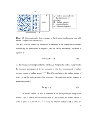 Figure 15: Compression of a lipid monolayer at the air-water interface using a movable
barrier. Adapted from reference [62].
The work done by moving the barrier can be expressed as the product of the distance
travelled by the barrier (Δx), its length (l), and the surface pressure (Π), as shown in
equation 1:
w = Δx ∗ l ∗ Π (1)
As the molecules are compressed at the interface, a change in the surface energy results.
In monolayer experiments, it is very common to refer to a measurement of surface
pressure instead of surface tension.113,114
The difference between the surface tension of
water (γ0) and the surface tension of the monolayer (γ) is equal to the surface pressure, as
shown in equation 2:
Π= γ0 − γ (2)
The surface tension can also be expressed as the force per length acting on the
surface. The SI unit of surface tension is mN m-1
; for example, the surface tension of
water at 20°C is 72.75 mN m-1
.113,114
There are different methods used to obtain the
γ0 = Surface tension of water
γ = Surface tension of
monolayer
Π = Surface pressure
l = Length of barrier
Δx = Distance travelled
55
 