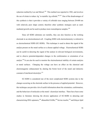 reduction method by Lee and Meisel.166
This method was reported in 1982, and involves
the use of citrate to reduce Ag+
to metallic Ag colloids.166,167
One of the disadvantages of
this synthesis is that it provides a variety of colloidal sizes ranging between 20-600 nm
with relatively poor shape control, therefore other synthetic strategies such as seed-
mediated growth can be used to produce more monodisperse samples.164
Since all SERS substrates are metallic, they can also function as the working
electrode in an electrochemical cell. Coupling SERS with electrochemistry is referred to
as electrochemical SERS (EC-SERS). This technique is used to detect the signal of the
analyte present on the metal surface at a chosen applied voltage. Electrochemical SERS
can be useful in detecting the signal of the analyte in relevant biological environments,
and to observe potential-dependent changes in the conformation or orientation of an
analyte.128
It can also be used to monitor the electrochemical stability of certain analytes
at metal surfaces. Changing the voltage can have an effect on the chemical and
electromagnetic enhancement by altering the Fermi level of the metal and dielectric
constant of interfacial electrolyte.141
EC-SERS is considered one of the most complicated SERS systems due to the
changes occurring on the electrode surface in the presence of applied potential. However,
this technique can provide a lot of useful information about the orientation, conformation,
and the behaviour of molecules at the metal / electrolyte interface. There have been some
studies in literature showing the diverse application of EC-SERS in detecting and
characterizing DNA aptamers,168
alkanethiol SAMs,169
bovine insulin,170
and bilayer lipid
73
 