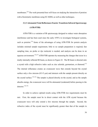 membranes.128
The work presented here will focus on studying the interaction of proteins
with a biomimetic membrane using EC-SERS, as well as other techniques.
3.3.3 Attenuated Total Reflectance-Fourier Transform Infrared Spectroscopy
(ATR-FTIR)
ATR-FTIR is a variation of IR spectroscopy designed to reduce water absorption
interference and has been used since the early 1970’s to investigate biological systems,
such as proteins.174
Some of the advantages of using ATR-FTIR for protein analysis
includes minimal sample requirement, little to no sample preparation is required, fast
sampling time, no probe or dye molecule is needed, and analysis can be done in an
aqueous environment.174,175
ATR-FTIR operates by measuring the changes that occur in a
totally internally reflected IR beam, as shown in Figure 22. The IR beam is directed onto
a crystal with a high refractive index such as zinc selenide, germanium, or diamond.175
The internal reflectance creates an evanescent wave that extends beyond the crystal
surface only a few microns (0.5-5 µm) and interacts with the sample present directly on
the crystal surface.174-176
The sample is placed directly on the crystal, and as the sample
absorbs energy, the evanescent wave will be attenuated (weakened) before passing to the
detector.174-176
In order to achieve optimal results using ATR-FTIR two requirements must be
met. First, the sample must be in direct contact with the ATR crystal because the
evanescent wave will only extend a few microns through the sample. Second, the
refractive index of the crystal must be significantly greater than that of the sample in
74
 