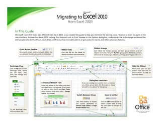 Migrating to Excel 2001
from Excel 2003
Excel2010
Microsoft®
In This Guide
Microsoft Excel 2010 looks very different from Excel 2003, so we created this guide to help you minimize the learning curve. Read on to learn key parts of the
new interface, discover free Excel 2010 training, find features such as Print Preview or the Options dialog box, understand how to exchange workbook files
with people who don’t yet have Excel 2010, and find out how to enable add-ins or get access to macros and other advanced features.
© 2010 by Microsoft Corporation.
All rights reserved.
Quick Access Toolbar
Commands shown here are always visible. You
can add your favorite commands to this toolbar.
Ribbon Groups
Each ribbon tab contains groups, and each group contains a set of
related commands. Here, the Number group on the Home tab contains
commands for displaying numbers as currency, percentages, and so on.
Backstage View
Click the File tab to enter
Backstage view, where
you can open, save,
print, and manage your
Excel files.
To exit Backstage view,
click any ribbon tab.
Hide the Ribbon
Need more space on your
screen? Click this icon or
press CTRL+F1 to hide or
show the ribbon.
Dialog Box Launchers
If you see a dialog box launcher icon ( ) next to
any ribbon group label, click it to open a dialog
box with more options for that group.
Switch Between Views
Click these buttons to display
the current worksheet in
Normal, Page Layout, or Page
Break Preview view.
Zoom In or Out
Click the 100% zoom button to
select a zoom level, or drag
the zoom slider to the right or
left side.
Contextual Ribbon Tabs
Some tabs appear on the ribbon only when
you need them. For example, if you insert
or select a chart, you’ll see Chart Tools,
which includes three extra tabs — Design,
Layout, and Format.
Ribbon Tabs
Click any tab on the ribbon to
display its buttons and commands.
 