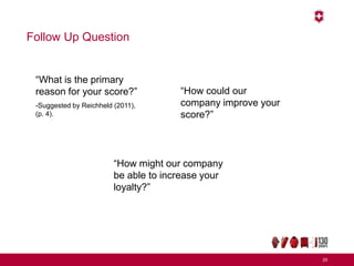 Follow Up Question
20
“What is the primary
reason for your score?”
-Suggested by Reichheld (2011),
(p. 4).
“How could our
company improve your
score?”
“How might our company
be able to increase your
loyalty?”
 