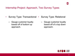 Internship Project: Approach, Two Survey Types
• Survey Type: Transactional
– Gauge customer loyalty
based off of bottom up
approach.
• Survey Type: Relational
– Gauge customer loyalty
based off of a top down
approach.
23
 