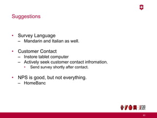 Suggestions
• Survey Language
– Mandarin and Italian as well.
• Customer Contact
– Instore tablet computer
– Actively seek customer contact infromation.
• Send survey shortly after contact.
• NPS is good, but not everything.
– HomeBanc
63
 