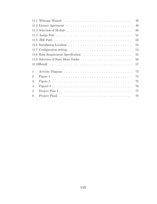 11.1 Welcome Wizard . . . . . . . . . . . . . . . . . . . . . . . . . . . . . 48
11.2 Licence Agreement . . . . . . . . . . . . . . . . . . . . . . . . . . . . 49
11.3 Selection of Module . . . . . . . . . . . . . . . . . . . . . . . . . . . . 50
11.4 Assign Port . . . . . . . . . . . . . . . . . . . . . . . . . . . . . . . . 51
11.5 JRE Path . . . . . . . . . . . . . . . . . . . . . . . . . . . . . . . . . 52
11.6 Installation Location . . . . . . . . . . . . . . . . . . . . . . . . . . . 53
11.7 Conﬁguration setting . . . . . . . . . . . . . . . . . . . . . . . . . . . 54
11.8 Ram Requirement Speciﬁcation . . . . . . . . . . . . . . . . . . . . . 55
11.9 Selection of Start Menu Folder . . . . . . . . . . . . . . . . . . . . . . 56
11.10Result . . . . . . . . . . . . . . . . . . . . . . . . . . . . . . . . . . . 57
1 Activity Diagram . . . . . . . . . . . . . . . . . . . . . . . . . . . . . 73
2 Figure 1 . . . . . . . . . . . . . . . . . . . . . . . . . . . . . . . . . . 74
3 Figure 2 . . . . . . . . . . . . . . . . . . . . . . . . . . . . . . . . . . 75
4 Figurel 3 . . . . . . . . . . . . . . . . . . . . . . . . . . . . . . . . . . 76
5 Project Plan 1 . . . . . . . . . . . . . . . . . . . . . . . . . . . . . . . 77
6 Project Plan2 . . . . . . . . . . . . . . . . . . . . . . . . . . . . . . . 78
VIII
 