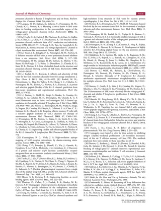 potassium channels in human T-lymphocytes and rat brain. Biochem.
Biophys. Res. Commun. 1996, 219, 696−701.
(17) Lanigan, M. D.; Kalman, K.; Lefievre, Y.; Pennington, M. W.;
Chandy, K. G.; Norton, R. S. Mutating a critical lysine in ShK toxin
alters its binding configuration in the pore-vestibule region of the
voltage-gated potassium channel, Kv1.3. Biochemistry 2002, 41,
11963−11971.
(18) (a) Doyle, D. A.; Cabral, J. M.; Pfuetzner, R. A.; Kuo, A.; Gulbis,
J. M.; Cohen, S. L.; Chait, B. T.; MacKinnon, R. The structure of the
potassium channel: molecular basis of K+
conduction and selectivity.
Science 1998, 280, 69−77. (b) Long, S. B.; Tao, X.; Campbell, E. B.;
MacKinnon, R. Atomic structure of a voltage-dependent K+
channel in
a lipid membrane-like environment. Nature 2007, 450, 376−382.
(19) (a) Tudor, J. E.; Pallaghy, P. K.; Pennington, M. W.; Norton, R.
S. Solution structure of ShK toxin, a novel potassium channel inhibitor
from a sea anemone. Nat. Struct. Biol. 1996, 3, 317−320.
(b) Pennington, M. W.; Lanigan, M. D.; Kalman, K.; Mahnir, V. M.;
Rauer, H.; McVaugh, C. T.; Behm, D.; Donaldson, D.; Chandy, K. G.;
Kem, W. R.; Norton, R. S. Role of disulfide bonds in the structure and
potassium channel blocking activity of ShK toxin. Biochemistry 1999,
38, 14549−14558.
(20) (a) Rashid, M. H.; Kuyucak, S. Affinity and selectivity of ShK
toxin for the Kv1 potassium channels from free energy simulations. J.
Phys. Chem. B 2012, 116, 4812−4822. (b) Rashid, M. H.;
Heinzelmann, G.; Huq, R.; Tajhya, R. B.; Chang, S. C.; Chhabra, S.;
Pennington, M. W.; Beeton, C.; Norton, R. S.; Kuyucak, S. A potent
and selective peptide blocker of the Kv1.3 channel: prediction from
free-energy simulations and experimental confirmation. PLoS One
2013, 8, e78712.
(21) (a) Beeton, C.; Wulff, H.; Singh, S.; Botsko, S.; Crossley, G.;
Gutman, G. A.; Cahalan, M. D.; Pennington, M.; Chandy, K. G. A
novel fluorescent toxin to detect and investigate Kv1.3 channel up-
regulation in chronically activated T lymphocytes. J. Biol. Chem. 2003,
278, 9928−9937. (b) Beeton, C.; Pennington, M. W.; Wulff, H.; Singh,
S.; Nugent, D.; Crossley, G.; Khaytin, I.; Calabresi, P. A.; Chen, C. Y.;
Gutman, G. A.; Chandy, K. G. Targeting effector memory T cells with
a selective peptide inhibitor of Kv1.3 channels for therapy of
autoimmune diseases. Mol. Pharmacol. 2005, 67, 1369−1381.
(c) Pennington, M. W.; Beeton, C.; Galea, C. A.; Smith, B. J.; Chi,
V.; Monaghan, K. P.; Garcia, A.; Rangaraju, S.; Giuffrida, A.; Plank, D.;
Crossley, G.; Nugent, D.; Khaytin, I.; Lefievre, Y.; Peshenko, I.; Dixon,
C.; Chauhan, S.; Orzel, A.; Inoue, T.; Hu, X.; Moore, R. V.; Norton, R.
S.; Chandy, K. G. Engineering a stable and selective peptide blocker of
the Kv1.3 channel in T lymphocytes. Mol. Pharmacol. 2009, 75, 762−
773.
(22) Cunningham, B. C.; Wells, J. A. High-resolution epitope
mapping of hGH-receptor interactions by alanine-scanning muta-
genesis. Science 1989, 244, 1081−1085.
(23) Chang, Y.-P.; Banerjee, J.; Dowell, C.; Wu, J.; Gyanda, R.;
Houghten, R. A.; Toll, L.; McIntosh, J. M.; Armishaw, C. J. Discovery
of a potent and selective α3β4 nicotinic acetylcholine receptor
antagonist from an α-conotoxin synthetic combinatorial library. J. Med.
Chem. 2014, 57, 3511−3521.
(24) Tarcha, E. J.; Chi, V.; Muñoz-Elias, E. J.; Bailey, D.; Londono, L.
M.; Upadhyay, S. K.; Norton, K. N.; Olson, A.; Tjong, I.; Nguyen, H.
M.; Hu, X.; Rupert, G. W.; Boley, S. E.; Slauter, R.; Sams, J.; Knapp, B.;
Kentala, D.; Hansen, Z.; Pennington, M. W.; Beeton, C.; Chandy, K.
G.; Iadonato, S. P. Durable pharmacological responses from a single
dose of the peptide drug ShK-186, a specific Kv1.3 channel inhibitor. J.
Pharmacol. Exp. Ther. 2012, 342, 642−653.
(25) Moore, S. J.; Cochran, J. R. Engineering knottins as novel
binding agents. Meth. Enzymol. 2012, 503, 223−251.
(26) Thastrup, O.; Cullen, P. J.; Drøbak, B. K.; Hanley, M. R.;
Dawson, A. P. Thapsigargin, a tumor promoter, discharges intracellular
Ca2+ stores by specific inhibition of the endoplasmic reticulum
Ca2(+)-ATPase. Proc. Natl. Acad. Sci. U. S. A. 1990, 87, 2466−2470.
(27) Dang, B.; Kubota, T.; Mandal, K.; Bezanilla, F.; Kent, S. B. H.
Native chemical ligation at Asx-Cys, Glx-Cys: chemical synthesis and
high-resolution X-ray structure of ShK toxin by racemic protein
crystallography. J. Am. Chem. Soc. 2013, 135, 11911−11919.
(28) Norton, R. S.; Pennington, M. W.; Wulff, H. Potassium channel
blockade by the sea anemone toxin ShK for the treatment of multiple
sclerosis and other autoimmune diseases. Curr. Med. Chem. 2004, 11,
3041−3052.
(29) Pennington, M. W.; Rashid, M. H.; Tajhya, R. B.; Beeton, C.;
Kuyucak, S.; Norton, R. S. A C-terminally amidated analogue of ShK is
a potent and selective blocker of the voltage-gated potassium channel
Kv1.3. FEBS Lett. 2012, 586, 3996−4001.
(30) Pennington, M. W.; Chang, S. C.; Chauhan, S.; Huq, R.; Tajhya,
R. B.; Chhabra, S.; Norton, R. S.; Beeton, C. Development of highly
selective Kv1.3-blocking peptide based on the sea anemone peptide
ShK. Mar. Drugs 2015, 13, 529−542.
(31) Middleton, R. E.; Sanchez, M.; Linde, A. R.; Bugianesi, R. M.;
Dai, G.; Felix, J. P.; Koprak, S. L.; Staruch, M. J.; Bruguera, M.; Cox,
R.; Ghosh, A.; Hwang, J.; Jones, S.; Kohler, M.; Slaughter, R. S.;
McManus, O. B.; Kaczorowski, G. J.; Garcia, M. L. Substitution of a
single residue in Stichodactyla helianthus peptide, ShK-Dap22, reveals
a novel pharmacological profile. Biochemistry 2003, 42, 13698−13707.
(32) Beeton, C.; Wulff, H.; Barbaria, J.; Clot-Faybesse, O.;
Pennington, M.; Bernard, D.; Cahalan, M. D.; Chandy, K. G.;
Béraud, E. Selective blockade of T lymphocyte K+ channels
ameliorates experimental autoimmune encephalomyelitis, a model
for multiple sclerosis. Proc. Natl. Acad. Sci. U. S. A. 2001, 98, 13942−
13947.
(33) Beeton, C.; Smith, B. J.; Sabo, J. K.; Crossley, G.; Nugent, D.;
Khaytin, I.; Chi, V.; Chandy, K. G.; Pennington, M. W.; Norton, R. S.
The D-diastereomer of ShK toxin selectively blocks voltage-gated K+
channels and inhibits T lymphocyte proliferation. J. Biol. Chem. 2008,
283, 988−997.
(34) Edwards, W.; Fung-Leung, W.-P.; Huang, C.; Chi, E.; Wu, N.;
Liu, Y.; Maher, M. P.; Bonesteel, R.; Connor, J.; Fellows, R.; Garcia, E.;
Lee, J.; Lu, L.; Ngo, K.; Scott, B.; Zhou, H.; Swanson, R. V.;
Wickenden, A. D. Targeting the ion channel Kv1.3 with scorpion
venom peptides engineered for potency, selectivity, and half-life. J. Biol.
Chem. 2014, 289, 22704−22714.
(35) Chang, S. C.; Huq, R.; Chhabra, S.; Beeton, C.; Pennington, M.
W.; Smith, B. J.; Norton, R. S. N-terminally extended analogues of the
K+
channel toxin from Stichodactyla helianthus as potent and selective
blockers of the voltage-gated potassium channel Kv1.3. FEBS J. 2015,
282, 2247.
(36) Harris, J. M.; Chess, R. B. Effect of pegylation on
pharmaceuticals. Nat. Rev. Drug Discovery 2003, 2, 214−221.
(37) Conjugates were tested in vitro for their activity in inhibiting
antigen (myelin)-mediated proliferation (3H-thymidine incorpora-
tion) of the rat T eﬀector memory cell line, PAS. The methods
employed here were similar to those described in ref 32.
(38) Beeton, C.; Barbaria, J.; Giraud, P.; Devaux, J.; Benoliel, A.-M.;
Gola, M.; Sabatier, J. M.; Bernard, D.; Crest, M.; Beraud, E. Selective
blocking of voltage-gated K+
channels improves experimental auto-
immune encephalomyelitis and inhibits T cell activation. J. Immunol.
2001, 166, 936−944.
(39) Sullivan, J. K.; Miranda, L. P.; Gegg, C. V.; Hu, S.-F. S.; Belouski,
E. J.; Murray, J. K.; Nguyen, H.; Walker, K. W.; Arora, T.; Jacobsen, F.
W.; Li, Y.-S.; Boone, T. C. Selective and potent peptide inhibitors of
Kv1.3. PCT Int. Appl. WO 2010108154 A2 20100923, 2010.
(40) Sullivan, J. K.; McGivern, J. G.; Miranda, L. P.; Nguyen, H. Q.;
Walker, K. W.; Hu, S.-F. S.; Gegg, C. V.; Arora Khare, T.; Adler, B. S.;
Martin, F. H.Toxin peptide therapeutic agents. PCT Int. Appl. WO
2008088422 A2 20080724, 2008.
(41) Guide for the Care and Use of Laboratory Animals, 7th ed.;
National Academy Press: Washington, DC, 1996.
(42) Otwinowski, Z.; Minor, W. Processing of X-ray diffraction data
collected in oscillation mode. Methods Enzymol. 1997, 276, 307−326.
(43) Winn, M. D.; Ballard, C. C.; Cowtan, K. D.; Dodson, E. J.;
Emsley, P.; Evans, P. R.; Keegan, R. M.; Krissinel, E. B.; Leslie,
A. G. W.; McCoy, A.; McNicholas, S. J.; Murshudov, G. N.; Pannu,
N. S.; Potterton, E. A.; Powell, H. R.; Read, R. J.; Vagin, A.; Wilson, K.
Journal of Medicinal Chemistry Article
DOI: 10.1021/acs.jmedchem.5b00495
J. Med. Chem. 2015, 58, 6784−6802
6801
 