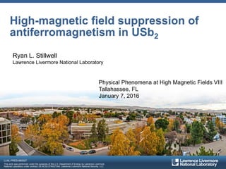 LLNL-PRES-680527
This work was performed under the auspices of the U.S. Department of Energy by Lawrence Livermore
National Laboratory under contract DE-AC52-07NA27344. Lawrence Livermore National Security, LLC
High-magnetic field suppression of
antiferromagnetism in USb2
Ryan L. Stillwell
Lawrence Livermore National Laboratory
Physical Phenomena at High Magnetic Fields VIII
Tallahassee, FL
January 7, 2016
 