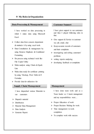  My Roles in Organization
I have given support to our customers
and then I played following roles in
that.
 Give support & Service to customer
via call, email, chat
 Keep accurate records of customers
and their complaints
 investigating and solving customers'
problems
 writing reports analyzing
 developing feedback or complaints
I have dispatched various Materials to
our customers
 Dispatch material
 Distribution
 Material Data Management
 Data Analysis
 Generate Report
I have worked on data processing in
which I make data using Microsoft
Excel.
 Collect data from concern department
& maintain it by using excel tools
 Data Consultation & management by
using Remove Duplicate & Conditional
Formatting
 Do process using technical tools like
File Copier Utility
 Make analysis using Charts & Spark
Line
 Make data ready for certificate printing
by using Vlookup, Pivot Table & If
Formulas
 Provide data for utilization for
Administrator purpose
 Make reports Using Growth Formula,
Pivot Table & Charts I have done team work and as a
Team leader so I learnt management
and my responsibilities were…
 Proper Allocation of work
 Proper Decision Making for work
 Time management to work
completion
 To complete work with success
Data Processing & Management Customer Support
Supply Chain Management Management
 