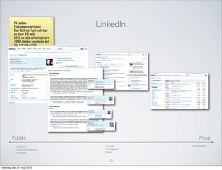 CV online
        Rekommendationer           LinkedIn
        Har fått ny fart och har
        nu över 60 milj
        80% av alla arbetsgivare
        i USA tänker använda det
        för att söka folk




       Publikt                                                Privat
         - Proﬁl/CV                  - Grupper         - Meddelanden
         - Rekommendationer          - Företagssidor
         - Kontakter                 - Status


                                         10
måndag den 31 maj 2010
 