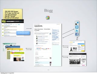 200 000 000 bloggar
      43 % säger sig följa vad
                                 Blogg
      som sägs på bloggar
      Alla blir ”viktiga”
      Bra sätt att bli sedd på




                                   11
måndag den 31 maj 2010
 