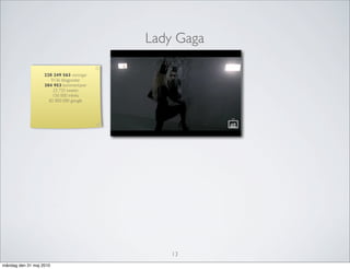 Lady Gaga

                   228 249 563 visningar
                      9136 blogposter
                   384 953 kommentarer
                       23 735 tweets
                       150 000 inlinks
                     82 000 000 google




                                               13
måndag den 31 maj 2010
 