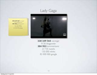 Lady Gaga

                   228 249 563 visningar
                      9136 blogposter
                   384 953 kommentarer
                       23 735 tweets
                       150 000 inlinks
                     82 000 000 google




                                           228 249 563 visningar
                                              9136 blogposter
                                           384 953 kommentarer
                                               23 735 tweets
                                               150 000 inlinks
                                             82 000 000 google




                                                    13
måndag den 31 maj 2010
 