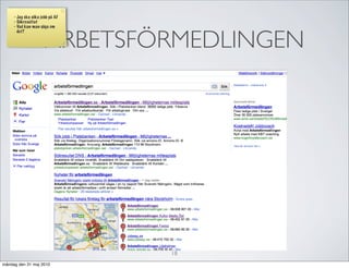 - Jag ska söka jobb på AF
     - Sökresultat
     - Vad kan man säga om



                      ARBETSFÖRMEDLINGEN
       det?




                                 18
måndag den 31 maj 2010
 