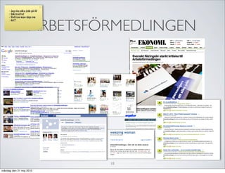 - Jag ska söka jobb på AF
     - Sökresultat
     - Vad kan man säga om



                      ARBETSFÖRMEDLINGEN
       det?




                                 18
måndag den 31 maj 2010
 