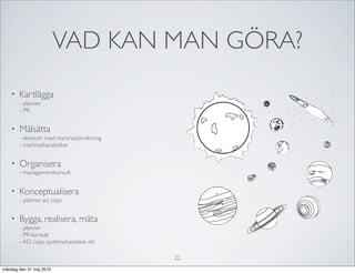 VAD KAN MAN GÖRA?
   •   Kartlägga
       - planner
       - PR


   •   Målsätta
       - ekonom med marknadsinriktning
       - marknadsanalytiker


   •   Organisera
       - managementkonsult


   •   Konceptualisera
       - planner, ad, copy


   •   Bygga, realisera, mäta
       - planner
       - PR-konsult
       - AD, copy, systemutvecklare etc

                                          22
måndag den 31 maj 2010
 