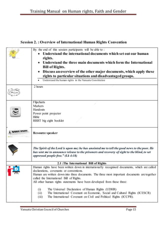 Training Manual on Human rights, Faith and Gender
Vanuatu Christian Council of Churches Page 15
Session 2. : Overview of International Human Rights Convention
By the end of this session participants will be able to :
 Understand the international documents which set out our human
rights.
 Understand the three main documents which form the International
Bill of Rights.
 Discuss anoverview of the other major documents, which apply these
rights to particular situations and disadvantagedgroups.
 Understand the human rights in the Vanuatu Constitution
2 hours
Flipcharts
Markers
Handouts
Power point projector
Bible
RRRT big eight booklet
Resource speaker
The Spirit of the Lord is upon me; he has anointed me to tell the good news to the poor. He
has sent me to announce release to the prisoners and recovery of sight to the blind, to set
oppressed people free.” (Lk 4:18)
2.1 :The International Bill of Rights
Human rights have been written down in internationally recognised documents, which are called
declarations, covenants or conventions.
Human are written down into three documents. The three most important documents are together
called the International Bill of Rights.
All other human rights statements have been developed from these three:
(i) The Universal Declaration of Human Rights (UDHR)
(ii) The International Covenant on Economic, Social and Cultural Rights (ICESCR)
(iii) The International Covenant on Civil and Political Rights (ICCPR).
 