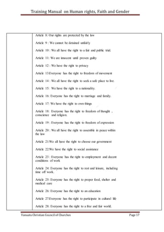 Training Manual on Human rights, Faith and Gender
Vanuatu Christian Council of Churches Page 17
Article 8: Our rights are protected by the law
Article 9 : We cannot be detained unfairly
Article 10 : We all have the right to a fair and public trial.
Article 11: We are innocent until proven guilty
Article 12 : We have the right to privacy
Article 13:Everyone has the right to freedom of movement
Article 14 : We all have the right to seek a safe place to live.
Article 15: We have the right to a nationality.
Article 16: Everyone has the right to marriage and family.
Article 17: We have the right to own things
Article 18: Everyone has the right to freedom of thought ,
conscience and religion.
Article 19 : Everyone has the right to freedom of expression
Article 20 : We all have the right to assemble in peace within
the law
Article 21:We all have the right to choose our government
Article 22:We have the right to social assistance
Article 23 : Everyone has the right to employment and decent
conditions of work
Article 24: Everyone has the right to rest and leisure, including
time off work.
Article 25: Everyone has the right to proper food, shelter and
medical care
Article 26: Everyone has the right to an education
Article 27:Everyone has the right to participate in cultural life
Article 28: Everyone has the right to a free and fair world.
 