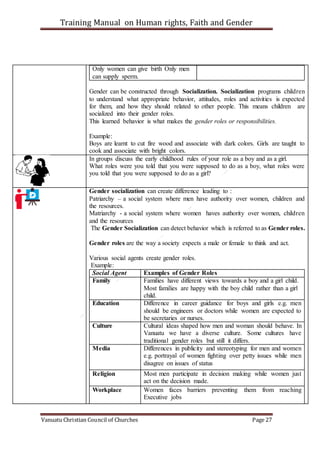 Training Manual on Human rights, Faith and Gender
Vanuatu Christian Council of Churches Page 27
Only women can give birth Only men
can supply sperm.
Gender can be constructed through Socialization. Socialization programs children
to understand what appropriate behavior, attitudes, roles and activities is expected
for them, and how they should related to other people. This means children are
socialized into their gender roles.
This learned behavior is what makes the gender roles or responsibilities.
Example:
Boys are learnt to cut fire wood and associate with dark colors. Girls are taught to
cook and associate with bright colors.
In groups discuss the early childhood rules of your role as a boy and as a girl.
What roles were you told that you were supposed to do as a boy, what roles were
you told that you were supposed to do as a girl?
Gender socialization can create difference leading to :
Patriarchy – a social system where men have authority over women, children and
the resources.
Matriarchy - a social system where women haves authority over women, children
and the resources
The Gender Socialization can detect behavior which is referred to as Gender roles.
Gender roles are the way a society expects a male or female to think and act.
Various social agents create gender roles.
Example:
Social Agent Examples of Gender Roles
Family Families have different views towards a boy and a girl child.
Most families are happy with the boy child rather than a girl
child.
Education Difference in career guidance for boys and girls e.g. men
should be engineers or doctors while women are expected to
be secretaries or nurses.
Culture Cultural ideas shaped how men and woman should behave. In
Vanuatu we have a diverse culture. Some cultures have
traditional gender roles but still it differs.
Media Differences in publicity and stereotyping for men and women
e.g. portrayal of women fighting over petty issues while men
disagree on issues of status
Religion Most men participate in decision making while women just
act on the decision made.
Workplace Women faces barriers preventing them from reaching
Executive jobs
 