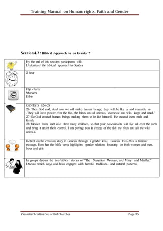 Training Manual on Human rights, Faith and Gender
Vanuatu Christian Council of Churches Page 35
Session4.2 : Biblical Approach to on Gender ?
By the end of this session participants will:
Understand the biblical approach to Gender
2 hour
Flip charts
Markers
Bible
GENESIS 1:26-28
26: Then God said, And now we will make human beings; they will be like us and resemble us
.They will have power over the fish, the birds and all animals, domestic and wild, large and small.”
27: So God created human beings making them to be like himself. He created them male and
female
28: blessed them, and said, Have many children, so that your descendants will live all over the earth
and bring it under their control. I am putting you in charge of the fish the birds and all the wild
animals.
Reflect on the creation story in Genesis through a gender lens„. Genesis 1:26-28 is a familiar
passage. How has the bible verse highlights gender relations focusing on both women and men,
boys and girls
In groups discuss the two biblical stories of “The Samaritan Woman, and Mary and Martha.”
Discuss which ways did Jesus engaged with harmful traditional and cultural patterns.
 