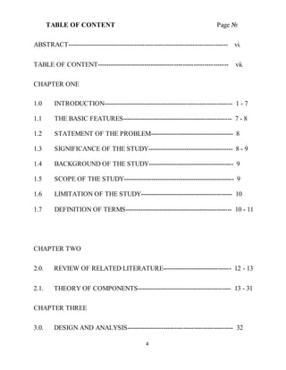 4
TABLE OF CONTENT Page №
ABSTRACT-------------------------------------------------------------------------- vi.
TABLE OF CONTENT------------------------------------------------------------- vii.
CHAPTER ONE
1.0 INTRODUCTION------------------------------------------------------------ 1 - 7
1.1 THE BASIC FEATURES--------------------------------------------------- 7 - 8
1.2 STATEMENT OF THE PROBLEM--------------------------------------- 8
1.3 SIGNIFICANCE OF THE STUDY---------------------------------------- 8 - 9
1.4 BACKGROUND OF THE STUDY---------------------------------------- 9
1.5 SCOPE OF THE STUDY---------------------------------------------------- 9
1.6 LIMITATION OF THE STUDY------------------------------------------- 10
1.7 DEFINITION OF TERMS-------------------------------------------------- 10 - 11
CHAPTER TWO
2.0. REVIEW OF RELATED LITERATURE-------------------------------- 12 - 13
2.1. THEORY OF COMPONENTS-------------------------------------------- 13 - 31
CHAPTER THREE
3.0. DESIGN AND ANALYSIS------------------------------------------------- 32
 