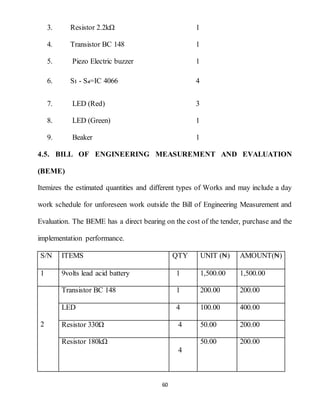 60
3. Resistor 2.2kΩ 1
4. Transistor BC 148 1
5. Piezo Electric buzzer 1
6. Sı - S₄=IC 4066 4
7. LED (Red) 3
8. LED (Green) 1
9. Beaker 1
4.5. BILL OF ENGINEERING MEASUREMENT AND EVALUATION
(BEME)
Itemizes the estimated quantities and different types of Works and may include a day
work schedule for unforeseen work outside the Bill of Engineering Measurement and
Evaluation. The BEME has a direct bearing on the cost of the tender, purchase and the
implementation performance.
S/N ITEMS QTY UNIT (₦) AMOUNT(₦)
1 9volts lead acid battery 1 1,500.00 1,500.00
2
Transistor BC 148 1 200.00 200.00
LED 4 100.00 400.00
Resistor 330Ω 4 50.00 200.00
Resistor 180kΩ
4
50.00 200.00
 