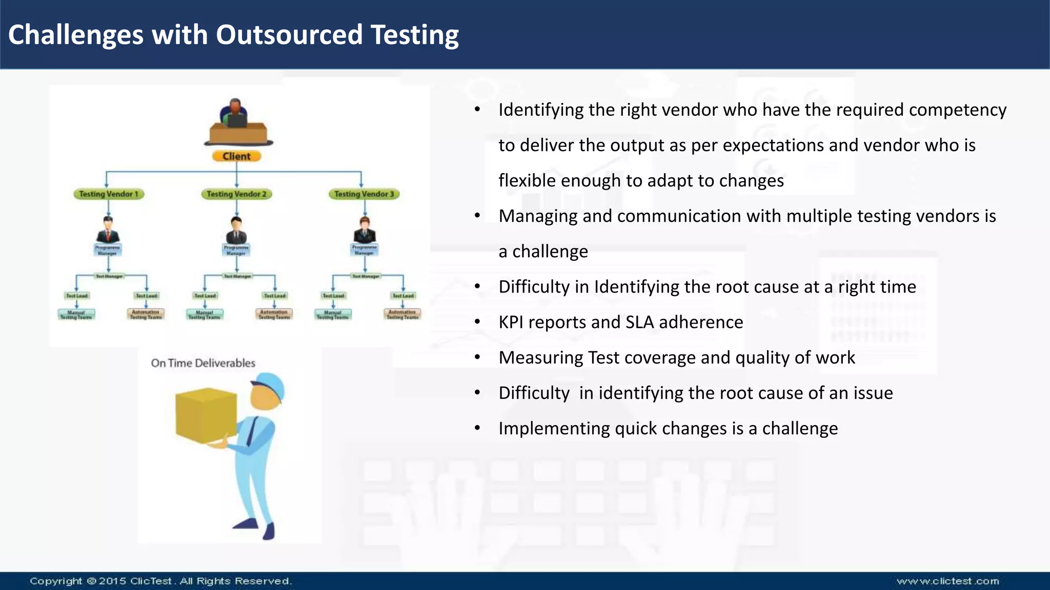 Challenges with Outsourced Testing
• Identifying the right vendor who have the required competency
to deliver the output as per expectations and vendor who is
flexible enough to adapt to changes
• Managing and communication with multiple testing vendors is
a challenge
• Difficulty in Identifying the root cause at a right time
• KPI reports and SLA adherence
• Measuring Test coverage and quality of work
• Difficulty in identifying the root cause of an issue
• Implementing quick changes is a challenge
 