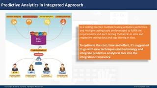 Predictive Analytics in Integrated Approach
In a testing practice multiple testing activities performed
and multiple testing tools are leveraged to fulfill the
requirements and each testing tool works in silos and
respective testing data and logs storing in silos.
To optimize the cost, time and effort, it’s suggested
to go with new techniques and technology and
integrate predictive analytical tool into the
integration framework.
 
