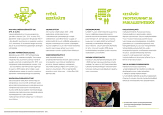 10KESTÄVÄN KEHITYKSEN YHTEISKUNTASITOUMUKSEN VUODET 2014 - 2015
PALKANSAAJAKESKUSJÄRJESTÖT SAK,
STTK JA AKAVA
toteuttivat Kestävä työ -koulutuspaketin ja
-pilottikoulutuksen 2014 - 2015. Vuonna 2015
järjestettiin neljä koulutuksen lähipäivää. Pidem-
män aikavälin tavoitteena on kouluttaa vuoteen
2020 mennessä 50 prosenttia liittojen koulutta-
jista ja 40 prosenttia keskusjärjestöjen ja liittojen
toimistoista.
SUOMEN YMPÄRISTÖKESKUS (SYKE)
järjestää vuosina 2014 - 2017 työharjoittelua
pakolaisille ja maahanmuuttajille. Tämä tukee
integroitumista Suomeen ja antaa mahdolli-
suuden perehtyä ympäristöasioihin. SYKE karsii
toimintansa hiilidioksidipäästöjä vuosina 2014
- 2017 tavoitteena olla hiilineutraali organisaa-
tio vuonna 2017. Lisäksi vähennetään ruoan
haittavaikutuksia veteen ja muuhun luontoon
esimerkiksi hankintakäytäntöjä muuttamalla.
SAVON KOULUTUSKUNTAYHTYMÄ
toteutti kestävän kehityksen sertifiointeja eri
toimipisteissä. Vuonna 2015 sertifikaatti saatiin
seitsemään toimipisteeseen ja kahdeksannessa
toimipisteessä itsearvioinnit olivat käynnissä.
Vuoden 2015 aikana laadittiin hankintastrategia,
joka toteuttaa Valtioneuvoston kestävät valinnat
-periaatepäätöstä. Lisäksi laadittiin
hankevalmistelukriteerit ohjaamaan hankkeiden
suunnittelua.
KAUPAN LIITTO RY
etsii nuoriso-ohjelmallaan (2015 - 2019)
uudenlaisia, entistä parempia ja
tuloksellisempia toimintatapoja nuorten
työllistämisen vauhdittamiseksi. Kauppa on
elinkeinoelämän suurin työllistäjä ja kaupalla on
erityisen merkittävä rooli nuorten työllistäjänä.
Nuoriso-ohjelman avulla rakennetaan tiekarttaa
nuorten parempaan johtamiseen sekä
panostetaan nuorten syrjäytymisen ehkäisyyn.
VIHERYMPÄRISTÖLIITTO RY
laatii viheralalle kestävän
ympäristörakentamisen kriteerit, jotka koskevat
viheralueiden suunnittelua, rakentamista
ja hoitoa. Kriteerit laaditaan soveltamalla
ulkomailla laadittuja ohjeita (mm Green City)
Suomen olosuhteisiin. Viherympäristöliitto
koordinoi myös Vihervuosi – Gröna Året 2016
teemavuotta.
ESPOON KAUPUNKI
tuli 2015 mukaan ensimmäisenä kaupunkina.
Espoo määrittelee kaupunkikonsernin
kestävän kehityksen tavoitteet, toimintamallin
ja toimeenpanon. Samalla Espoo haastaa
kaupungin toimialat, yksiköt ja työyhteisöt
antamaan omat kestävän kehityksen
sitoumuksensa. Sitoumusten toteuttamiseksi
eri tahot nimeävät vuoden 2016 alussa
konkreettiset toimenpiteet, joiden seuranta
sisällytetään tuloskortteihin.
SUOMEN KOTISEUTULIITTO
toteuttaa Kulttuuriympäristöstrategian (2014
- 2020) toimeenpanosuunnitelmaa omalta
osaltaan. Se haastoi yli 800 jäsenyhteisöään
kulttuuriympäristöstrategian toteuttamiseen
Euroopan kulttuuriympäristöpäivien tapahtu-
mien muodossa.
PUOLUSTUSHALLINTO
Puolustusministeriö, Puolustusvoimat ja
Puolustushallinnon rakennuslaitos tekivät
yhteisen sitoumuksen. Sitoumuksella kehitetään
muun muassa motivoivaa ja yksilön kyvyt
huomioivaa varusmiespalvelusta, terveellistä
ja turvallista työ- ja palvelusympäristöä sekä
energiatehokasta ja uusiutuvia energialähteitä
hyödyntävää puolustushallintoa. Lisäksi
strategiset kumppanit ovat haastettu tekemään
sitoumus. Senaatti-kiinteistöt ja Nammo
Lapua Oy ovat lupautuneet tukemaan
Puolustushallinnon sitoumusta ja Patria Oyj on
tehnyt oman sitoumuksen.
VALO JA SUOMEN OLYMPIAKOMITEA
edistää Ekokompassi tapahtuma
-ympäristöjärjestelmän käyttöä merkittävissä
yleisötapahtumissa. Lisäksi edistetään
Cleantech-vientiä markkinoimalla
kansainvälisille lajiliitoille ja tapahtumajärjestäjille
Cleantech-yritysten luomia ympäristöystävällisiä
ratkaisuja urheilutapahtumien järjestämiseen.
TYÖTÄ
KESTÄVÄSTI
KESTÄVÄT
YHDYSKUNNATJA
PAIKALLISYHTEISÖT
Kotiseutuliitto haastoi yli 800 jäsenyhteisöään
kulttuuriympäristöstrategian toteuttamiseen.
Kuva: Kotiseutuliitto
 