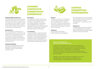 12KESTÄVÄN KEHITYKSEN YHTEISKUNTASITOUMUKSEN VUODET 2014 - 2015
ARKKITEHTITOIMISTO KANTTIA 2 OY
suunnittelee rakennuksia, jotka kestävät tervee-
nä 500 vuotta. Käynnissä on muun muassa tut-
kimushanke, jonka tuloksia sovelletaan suoraan
suunnittelutyöhön. Idean ympärille on syntynyt
klusteri osaavia toimijoita. Kanttia 2:n sitoumus
on erinomainen esimerkki siitä, kuinka kunnian-
himoinen avaus luo isompaa ilmiötä.
MARTTALIITTO RY
sitoutui kiinnittämään 30 000 henkilön huo-
mion kulutustottumuksiinsa vuosina 2014 - 2016.
Vuoden 2015 tammikuussa lähes 5 500 ihmistä
oli toiminut näin esimerkiksi tekemällä ver-
kossa ekotestin ja osallistumalla keskusteluun
Facebookissa. Tavoitteena on myös, että 1 500
henkilöä osallistuu Ekokoti-verkko-opintoihin
vuosina 2014 - 2016.
TAIMITARHAN PÄIVÄKOTI
on sitoutunut vähentämään jätteen määrää
jättämällä pois kertakäyttöiset käsienpyy-
hintäpaperit. Samalla siirrytään kankaisiin
kuivauspyyhkeisiin.
KARL FAZER OY
luo ruokahävikin seurantaan mittarit ja toimin-
tamallit sekä konsernin jätteen vähentämisen
suunnitelman. Ravintolaliiketoiminnassa
Fazer vähentää esillelaitto- ja lautashävikkiä
yhdessä asiakkaiden kanssa. Leipomo- ja
makeisliiketoiminnassa Fazer lahjoittaa ylijäämää
ruoka-apuun, mikäli mahdollista. Sitoumus
kattaa kaikki kahdeksan toimintamaata.
HYY-RAVINTOLAT
minimivoivat biojätteen määrää parantamalla
ruokalistasuunnittelua, osallistumalla hävikki-
kampanjoihin, opastamalla ja ohjaamalla asiak-
kaita lajitteluun sekä viestimällä biojätemäärän
kehityksestä. Esimerkiksi astianpalautusten
lajittelupisteissä oleviin biojäteastioihin asetetut
vaa’at mittaavat ruokailijoilta tulevaa hävikkiä.
RUDUS OY
Tavoitteena on, että luonto on toimipisteissä
monimuotoisuuden kannalta arvokkaampi
toiminnan päättyessä kuin sen alkaessa.
Rudus LUMO -ohjelmassa soranottoalueiden
maisemointia kehitetään siten, että toiminnan
aikana alueelle kehittynyt lajisto voisi säilyä ja
luonto monipuolistua.
KOSKISEN OY
sitoutui pitämään energiajätteen
osuuden kaatopaikka- ja energiajätteen
kokonaismäärästä 50 prosentissa tehokkaalla
jätteen lajittelulla. Sitoumuksen toteuttaminen
etenee suunnitelmien mukaan ja
seurantajaksolla 1.1. - 30.6.2015 osuus oli 43,7
prosenttia.
FOODDUCK OY
vähentää levitteen annostelu-innovaationsa
avulla ammattikeittiöiden ruokahävikkiä ja
jätettä sekä kehittää liiketoimintaansa kestävän
kehityksen mukaisen toimintamallin.
LUONNON
KANTOKYKYÄ
KUNNIOITTAVAT
ELÄMÄNTAVAT
LUONTOA
KUNNIOITTAVA
PÄÄTÖKSENTEKO
OPETUS- JA KASVATUSSEKTORIN
KESTÄVÄN KEHITYKSEN HAASTEKAMPANJA
Tavoitteena on, että mahdollisimman moni opetus- ja kasvatussektorin
organisaatio, kuten päiväkoti, koulu ja oppilaitos, antaa kestävän kehityksen
toimenpidesitoumuksen. Haastekampanja on uusi tapa kestävän kehityksen
toteuttamiseen opetus- ja kasvatussektorilla. Haastekampanjan
tuloksena oli jo lähemmäs 70 sitoumusta vuoden 2015 lopulla ja lisää tulee.
Osana kampanjaa pidettyyn Kestävän kehityksen teko -kilpailuun tuli puolestaan
lähes 60 ehdotusta.
Haastajina ovat OKKA-säätiö, Opetusalan Ammattijärjestö OAJ, Suomen
Ympäristökasvatuksen Seura, Lastentarhanopettajaliitto, Suomen
Kansanopistoyhdistys, Kansalaisopistojen liitto ja Vapaa Sivistystyö ry.
 