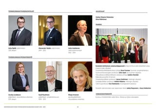 23KESTÄVÄN KEHITYKSEN YHTEISKUNTASITOUMUKSEN VUODET 2014 - 2015
TOIMIKUNNANPUHEENJOHTAJAT
TOIMIKUNNANPÄÄSIHTERISTÖ
AVUSTAJAT
Juha Sipilä, pääministeri
2015 alkaen
Alexander Stubb, pääministeri
2014 - 2015
Jutta Urpilainen,
valtiovarainministeri
2013 - 2014
Annika Lindblom,
pääsihteeri, neuvotteleva virkamies
2015 alkaen
Sauli Rouhinen,
pääsihteeri, ympäristöneuvos
1993 - 2015
Marja Innanen,
apulaispääsihteeri,
neuvotteleva virkamies
Kukka-Maaria Hietamies
Elina Mähönen
PANEELI
VERKKOSIHTEERISTÖ
Kestävän kehityksen asiantuntijapaneeli antaa toimikunnalle tieteellistä tukea.
(Vasemmalta oikealle)
Ympäristöpolitiikkakeskuksen johtaja Eeva Furman, Suomen ympäristökeskus
Hyvinvointisosiologian professori Juho Saari, Itä-Suomen yliopisto
Taloudesta ja eläkepolitiikasta vastaava johtaja Jaakko Kiander,
Eläkevakuutusyhtiö Ilmarinen
Ympäristöpolitiikan professori Janne Hukkinen, Helsingin yliopisto
Sosiaalipolitiikan professori Heikki Hiilamo, Helsingin yliopisto
Tutkimusprofessori Eva Heiskanen, Kuluttajatutkimuskeskus
Paneelin isännöinnistä ovat vastanneet Sitran Jukka Noponen ja Eeva Hellström.
koostuu ministeriöiden sekä Sitran, Tekesin ja Syken edustajista
 