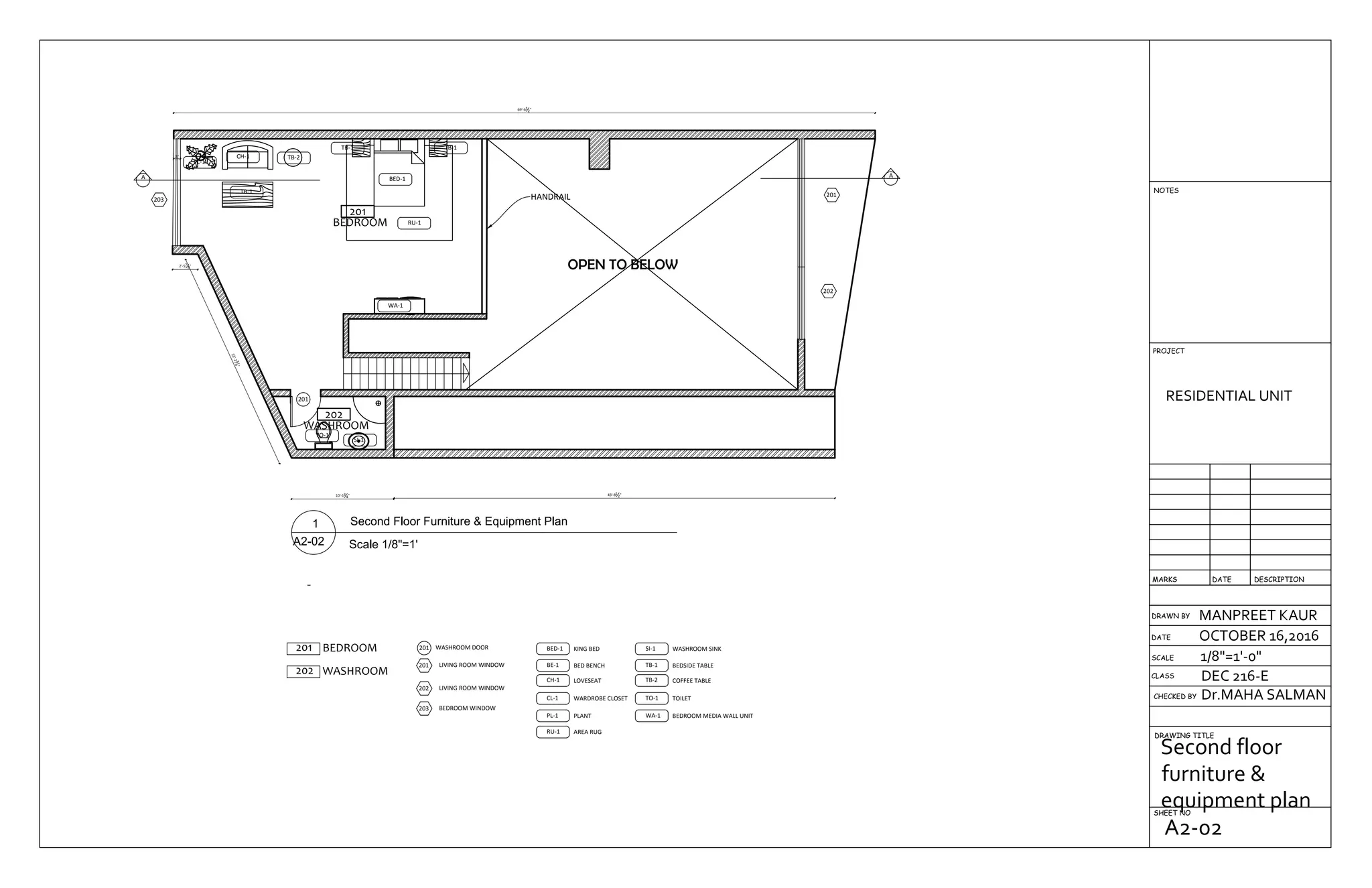 OPEN TO BELOW
201
BEDROOM
202
WASHROOM
201
8"
43'-81
2"10'-13
4"
22'-234
"
2'-57
8"
69'-61
2"
HANDRAIL
A A
201
202
203
TO-1
SI-1
WA-1
RU-1
BED-1
TB-1 TB-1
CH-1
TB-1
TB-2
PL-1
BED-1 KING BED
BE-1 BED BENCH
CH-1 LOVESEAT
CL-1 WARDROBE CLOSET
PL-1 PLANT
RU-1 AREA RUG
201 BEDROOM
202 WASHROOM
WASHROOM DOOR201
201 LIVING ROOM WINDOW
202 LIVING ROOM WINDOW
203 BEDROOM WINDOW
SI-1 WASHROOM SINK
TB-1 BEDSIDE TABLE
TB-2 COFFEE TABLE
TO-1 TOILET
WA-1 BEDROOM MEDIA WALL UNIT
DRAWN BY
CHECKED BY
DRAWING TITLE
SHEET NO
RESIDENTIAL UNIT
MANPREET KAUR
OCTOBER 16,2016
1/8"=1'-0"
Dr.MAHA SALMAN
DEC 216-ECLASS
SCALE
DATE
DESCRIPTIONDATEMARKS
PROJECT
NOTES
Second floor
furniture &
equipment plan
A2-02
 