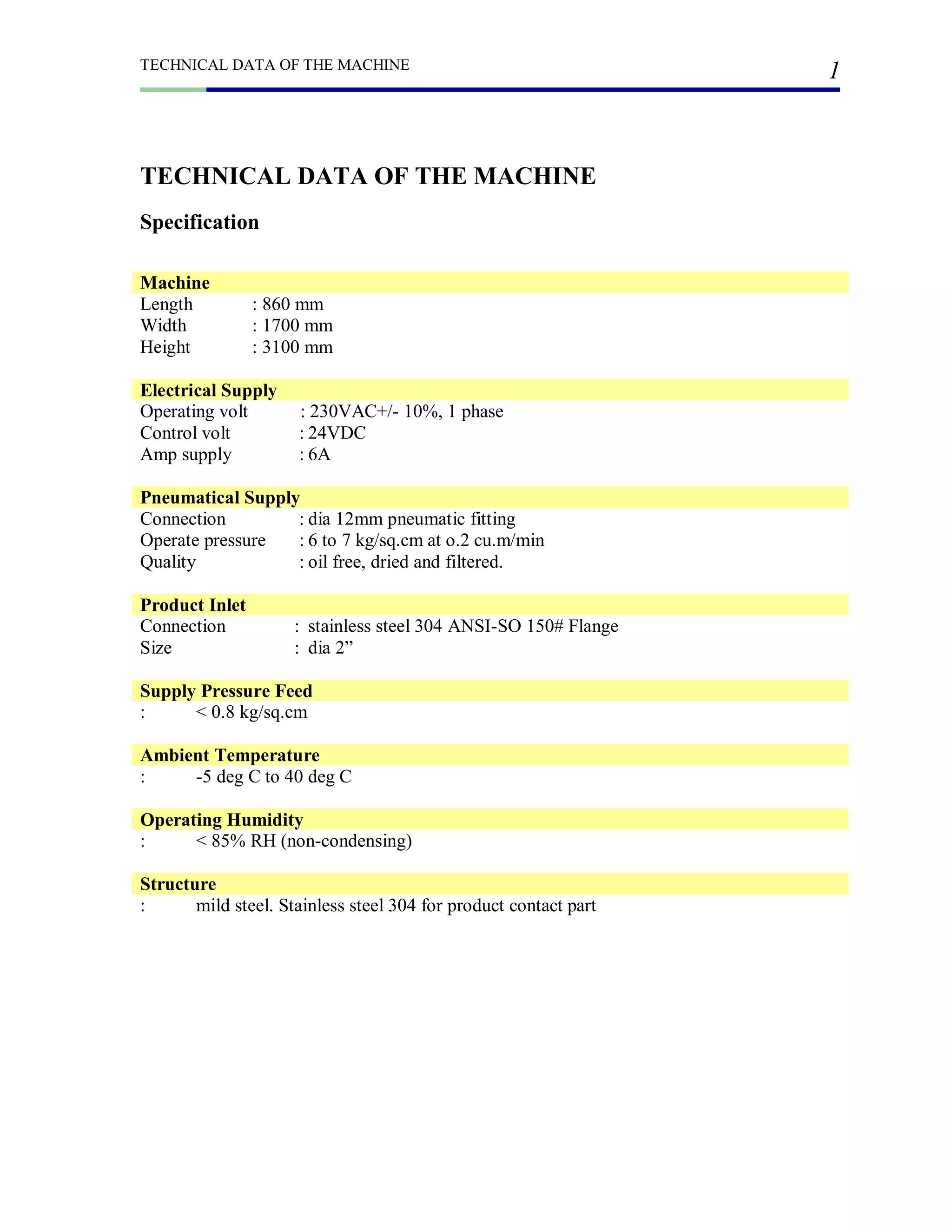 TECHNICAL DATA OF THE MACHINE
1
TECHNICAL DATA OF THE MACHINE
Specification
Machine
Length : 860 mm
Width : 1700 mm
Height : 3100 mm
Electrical Supply
Operating volt : 230VAC+/- 10%, 1 phase
Control volt : 24VDC
Amp supply : 6A
Pneumatical Supply
Connection : dia 12mm pneumatic fitting
Operate pressure : 6 to 7 kg/sq.cm at o.2 cu.m/min
Quality : oil free, dried and filtered.
Product Inlet
Connection : stainless steel 304 ANSI-SO 150# Flange
Size : dia 2”
Supply Pressure Feed
: < 0.8 kg/sq.cm
Ambient Temperature
: -5 deg C to 40 deg C
Operating Humidity
: < 85% RH (non-condensing)
Structure
: mild steel. Stainless steel 304 for product contact part
 