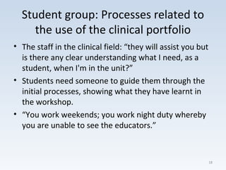 Student group: Processes related to
the use of the clinical portfolio
• The staff in the clinical field: “they will assist you but
is there any clear understanding what I need, as a
student, when I'm in the unit?”
• Students need someone to guide them through the
initial processes, showing what they have learnt in
the workshop.
• “You work weekends; you work night duty whereby
you are unable to see the educators.”
18
 