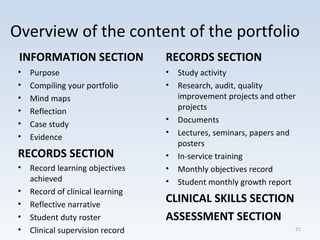 Overview of the content of the portfolio
INFORMATION SECTION
• Purpose
• Compiling your portfolio
• Mind maps
• Reflection
• Case study
• Evidence
RECORDS SECTION
• Record learning objectives
achieved
• Record of clinical learning
• Reflective narrative
• Student duty roster
• Clinical supervision record
RECORDS SECTION
• Study activity
• Research, audit, quality
improvement projects and other
projects
• Documents
• Lectures, seminars, papers and
posters
• In-service training
• Monthly objectives record
• Student monthly growth report
CLINICAL SKILLS SECTION
ASSESSMENT SECTION
21
 