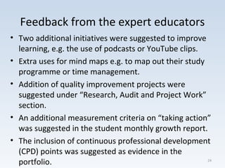 Feedback from the expert educators
• Two additional initiatives were suggested to improve
learning, e.g. the use of podcasts or YouTube clips.
• Extra uses for mind maps e.g. to map out their study
programme or time management.
• Addition of quality improvement projects were
suggested under “Research, Audit and Project Work”
section.
• An additional measurement criteria on “taking action”
was suggested in the student monthly growth report.
• The inclusion of continuous professional development
(CPD) points was suggested as evidence in the
portfolio. 24
 
