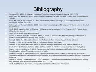 Bibliography
• Oermann, M.H. (2002). Developing a Professional Portfolio in Nursing. Orthopaedic Nursing, 21(2), 73-78.
• Quinn, F.M., and Hughes, S.J. (2007). Quinn’s Principles and Practice of Nurse Education. (5th
ed.) United Kingdom: Nelson
Thornes.
• Rassin, M., Silner, D. and Ehrenfeld, M. (2006). Departmental portfolio in nursing – An advanced instrument. Nurse
education in practice, 6(1):55-60.
• Rothman, J., and Thomas, E. J. (Eds.). (1994). Intervention research: Design and development for human services. New York:
Haworth Press.
• SANC. (1993). Regulation R212 of 19 February 1993 as amended by regulation R.74 of 17 January 1997. Pretoria, South
African Nursing Council.
• South African Qualifications Authority (2001)
• Scholes, J., Webb, C., Gray, M., Endacott, R., Miller, C., Jasper, M. and McMullan, M. (2004). Making portfolios work in
practice. Journal of Advanced Nursing, 46(6), 595–603.
• Schön, D. (1991). The Reflective Practitioner: How Professionals Think in Action. Ashgate Arena: Aldershot.
• Simosko, S. (1991). APL: A Practical Guide for Professionals. London: Kogan Page.
• Snadden, D. and Thomas, M. (1998). The use of portfolio learning in medical education. Medical Teacher, 20(3).
• South African Qualifications Authority. (2001). [Online] Available at: http://www.saqa.co.za/ [Accessed 06/06/2013].
• Sowter, J., Cortis, J. and Clarke, D. (2011). The development of evidence based guidelines for clinical practice portfolios.
United Kingdom: School of Healthcare, University of Leeds.
• Stidworthy, J.J. (2013). The implementation of a portfolio assessment system for a Rural Clinical School in South Africa.
What can be learned from the implementation of portfolios as an assessment system in a rural clinical school? Stellenbosch
University.
• Strasser, S., London, L. and Kortenbout, E. (2005). Developing a Competence Framework and Evaluation Tool for Primary
Care Nursing in South Africa. Education for Health, 18(2), 133-144.
• Tesch, R. (1990). Qualitative research: Analysis Types and Software Tools. New York: Falmer.
32
 