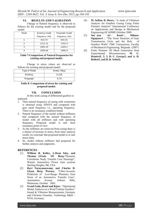 Shrenik M. Patil et al Int. Journal of Engineering Research and Application
ISSN : 2248-9622, Vol. 3, Issue 6, Nov-Dec 2013, pp.188-193
VI.

RESULTS AND VALIDATION

[4]

Change in Natural frequency is observed as
follows for the existing model and for the proposed
model:
[5]

[6]
Table 7-Comparison of Natural frequencies for
existing and proposed model.

www.ijera.com

M. Sofian, D. Hazry, “A study of Vibration
Analysis for Gearbox Casing Using Finite
Element Analysis” International Conference
on Applications and Design in Mechanical
Engineering (ICADME) October 2009.
Sne ž
ana
žiri ž
Kostiž,
Milosav
Ognjanovi ž “The Noise Structure of Gear
,
Transmission Units and the Role
of
Gearbox Walls” FME Transactions, Faculty
of Mechanical Engineering, Belgrade. (2007)
Finite Element 3D Mesh Generation from
Experimental
Microstructures
M.
C.
Demirel1, 2, 3, D. C. George2, and A. D.
Rollett3, and B. R. Schlei2.

Change in stress values are observed as
follows for existing and proposed model:

Table 8- Comparison of stress for existing and
proposed model.

VII.

CONCLUSION

In this work casing of differential gearbox is
analyzed.
1. Then natural frequency of casing with constraints
is obtained using ANSYS and compared with
gear mesh frequency i.e., operating frequency.
There is no resonance condition found.
2. Natural frequency of the model without stiffeners
had compared with the natural frequency of
model with all stiffeners and with operating
frequency. Proposed model is safe from
resonance point of view.
3. As the stiffeners are removed from casing there is
a chance of increase in stress, from static analysis
results we conclude that proposed model is in safe
stress limit.
4. So, model without stiffeners had proposed for
further analysis and judgments.

REFERENCES
[1]

[2]

[3]

William R. Kelley, L.Dean Isley, and
Thomas J.Foste
Of
Borg-“Dynamic
Correlation Study Transfer Case Housings”,
Warner Automotive Power train systems
Sterling Heights, MI, USA
Ravi Narayanaswamy and Charles D.
Glynn Borg Warner, “Vibro-Acoustic
Prediction of Low-Range Planetary Gear
Noise of an Automotive Transfer Case”,
Automation
Avenue
Auburn
Hills,
Minnesota, October 2005.
Svend Gade, Bruel and Kjaer, “Operational
Modal Analysis on a Wind Turbine Gearbox”
Sound & Vibration Measurements, Germany
and Christian Fenselau, Technology R&D –
NVH, Germany.

www.ijera.com

193 | P a g e

 