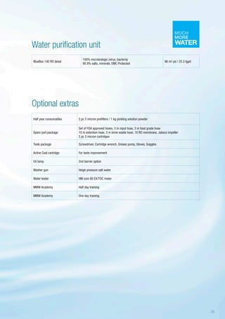Water purification unit
Optional extras
BlueBox 140 RO desal
100% microbiologic (virus, bacteria)
98.9% salts, minerals. EMC Protected
96 m3 pd / 25.3 tgpd
Half year consumables 5 pc 5 micron prefilters / 1 kg pickling solution powder
Spare part package
Set of FDA approved hoses, 3 m input hose, 3 m food grade hose
10 m extention hose, 3 m brine waste hose, 1X RO membrane, Jabsco impeller
5 pc 5 micron cartridges
Tools package Screwdriver, Cartridge wrench, Grease pump, Gloves, Goggles
Active Coal cartridge For taste improvement
UV lamp 2nd barrier option
Washer gun Heigh pressure salt water
Water tester HM com 80 EX/TDC meter
MMW Academy Half day training
MMW Academy One day training
29
 