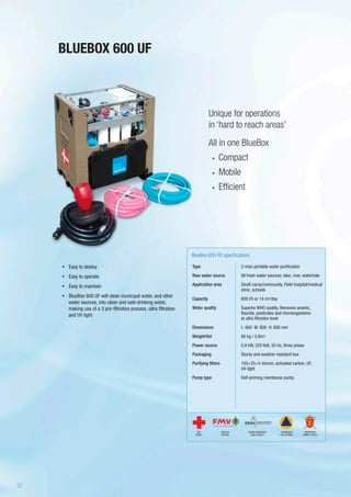 BLUEBOX 600 UF
•	 Easy to deploy
•	 Easy to operate
•	 Esay to maintain
•	 BlueBox 600 UF will clean municipal water, and other
water sources, into clean and safe drinking water,
making use of a 3 pre-filtration process, ultra filtration
and UV light.
Type
Raw water source
Application area
Capacity
Water quality
Dimensions
Weight/Vol
Power source
Packaging
Purifying filters
Pump type
BlueBox 600 RO specifications
2-man portable water purification
All fresh water sources; lake, river, waterhole
Small camp/community. Field hospital/medical
clinic, schools
600 l/h or 14 m3/day
Superior WHO quality. Removes arsenic,
flouride, pesticides and microorganisms
at ultra filtration level
L: 600 W: 800 H: 800 mm
80 kg / 0,8m3
0,9 kW, 220 Volt, 50 Hz, three phase
Sturdy and weather resistant box
100+25+5 micron, activated carbon, UF,
UV-light
Self-priming membrane pump.
Unique for operations
in ‘hard to reach areas’
All in one BlueBox
•	 Compact
•	 Mobile
•	 Efficient
SWEDISH
DEFENSE
DANISH EMERGENCY
MGMT AGENCY
RED
CROSS
NORWEGIAN
CIVIL DEFENSE
NORWEGIAN
ARMED FORCES
32
 