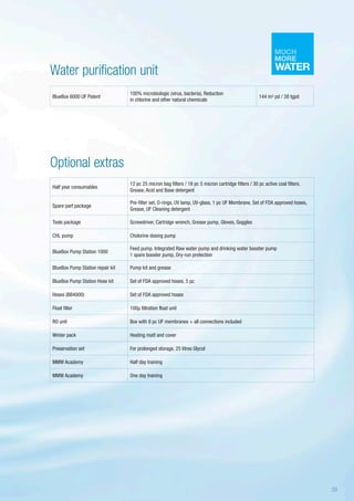 Water purification unit
Optional extras
BlueBox 6000 UF Patent
100% microbiologic (virus, bacteria), Reduction
in chlorine and other natural chemicals
144 m3 pd / 38 tgpd
Half year consumables
12 pc 25 micron bag filters / 18 pc 5 micron cartridge filters / 30 pc active coal filters.
Grease, Acid and Base detergent
Spare part package
Pre-filter set, O-rings, UV lamp, UV-glass, 1 pc UF Membrane, Set of FDA approved hoses,
Grease, UF Cleaning detergent
Tools package Screwdriver, Cartridge wrench, Grease pump, Gloves, Goggles
CHL pump Cholorine dosing pump
BlueBox Pump Station 1000
Feed pump. Integrated Raw water pump and drinking water booster pump
1 spare booster pump, Dry-run protection
BlueBox Pump Station repair kit Pump kit and grease
BlueBox Pump Station Hose kit Set of FDA approved hoses, 5 pc
Hoses (BB4000) Set of FDA approved hoses
Float filter 100µ filtration float unit
RO unit Box with 8 pc UF membranes + all connections included
Winter pack Heating matt and cover
Preservation set For prolonged storage, 25 litres Glycol
MMW Academy Half day training
MMW Academy One day training
39
 
