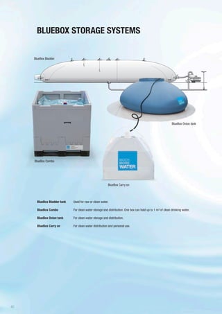 BLUEBOX STORAGE SYSTEMS
BlueBox Bladder tank	 Used for raw or clean water.
BlueBox Combo	 For clean water storage and distribution. One box can hold up to 1 m3 of clean drinking water.
BlueBox Onion tank	 For clean water storage and distribution.
BlueBox Carry on	 For clean water distribution and personal use.
BlueBox Carry on
BlueBox Onion tank
BlueBox Combo
BlueBox Bladder
40
 