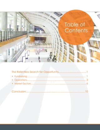 A CohnReznick Report 3
The Relentless Search for Opportunity......................................1
• Fundraising ............................................................................................ 1
• Operations............................................................................................. 3
• Market Sectors ...................................................................................... 6
Conclusion .................................................................................10
..
Table of
Contents
 